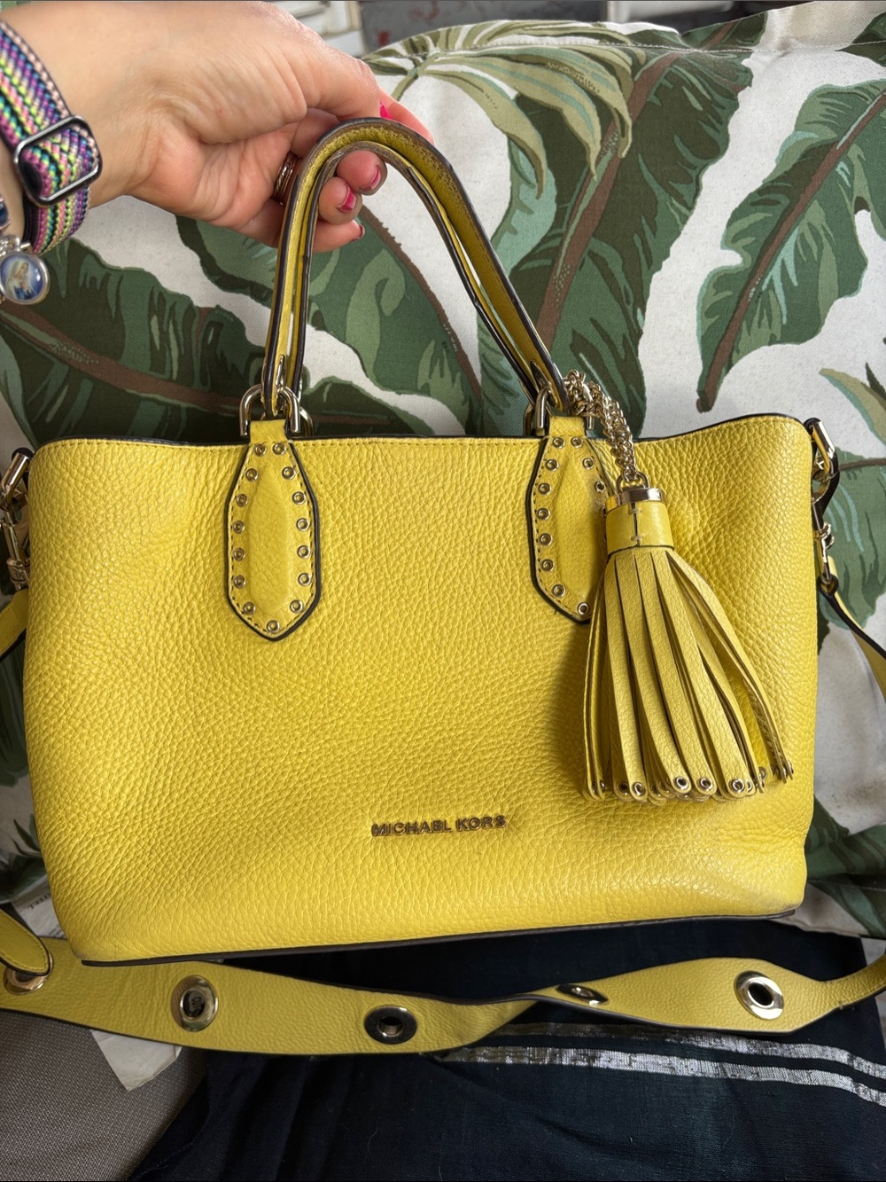 Michael Kors Yellow Pebbled Leather Satchel with Tassel Charm